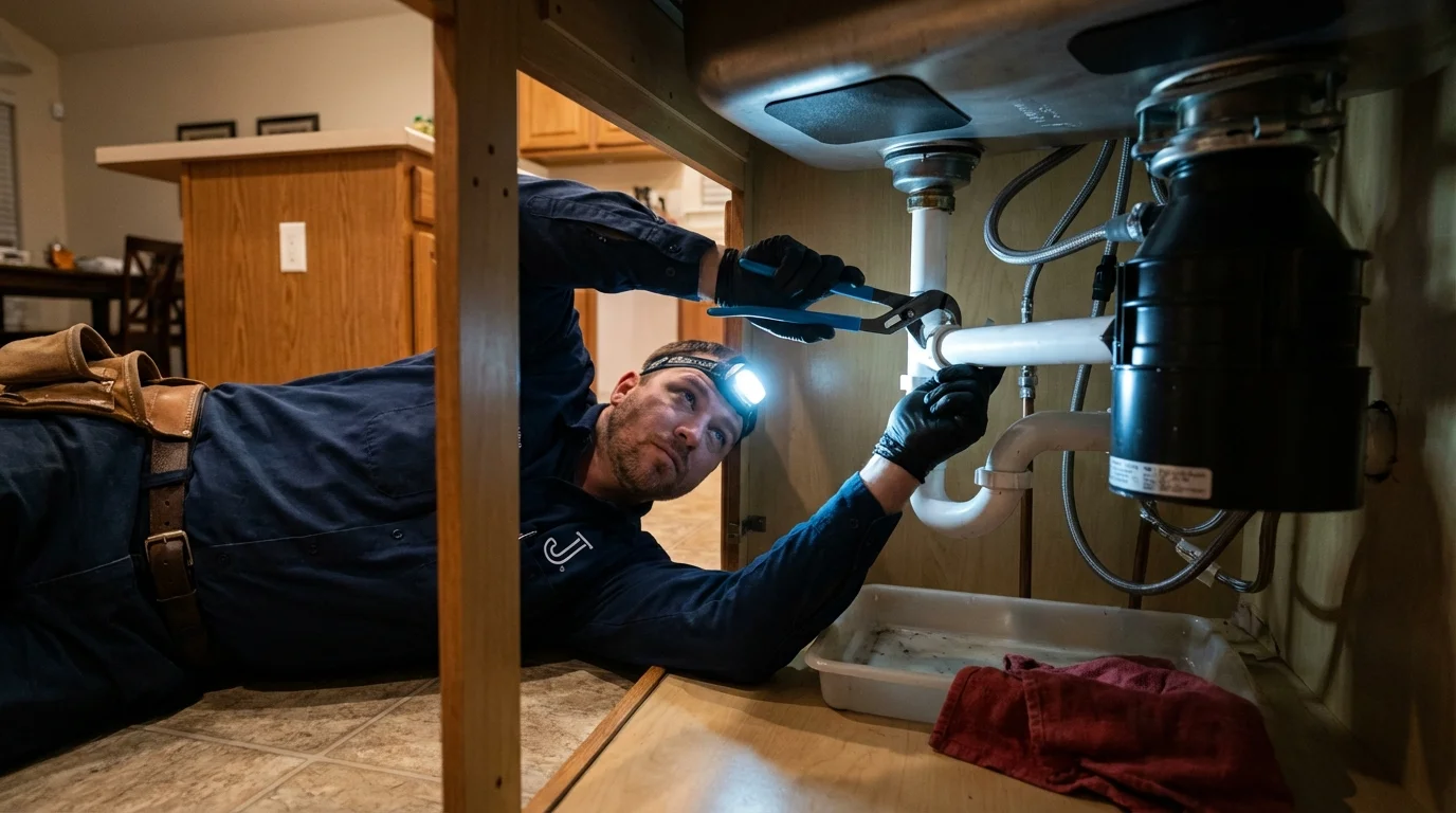 P-trap and supply line connections under a kitchen sink showing a common leak point in Yuma, CO